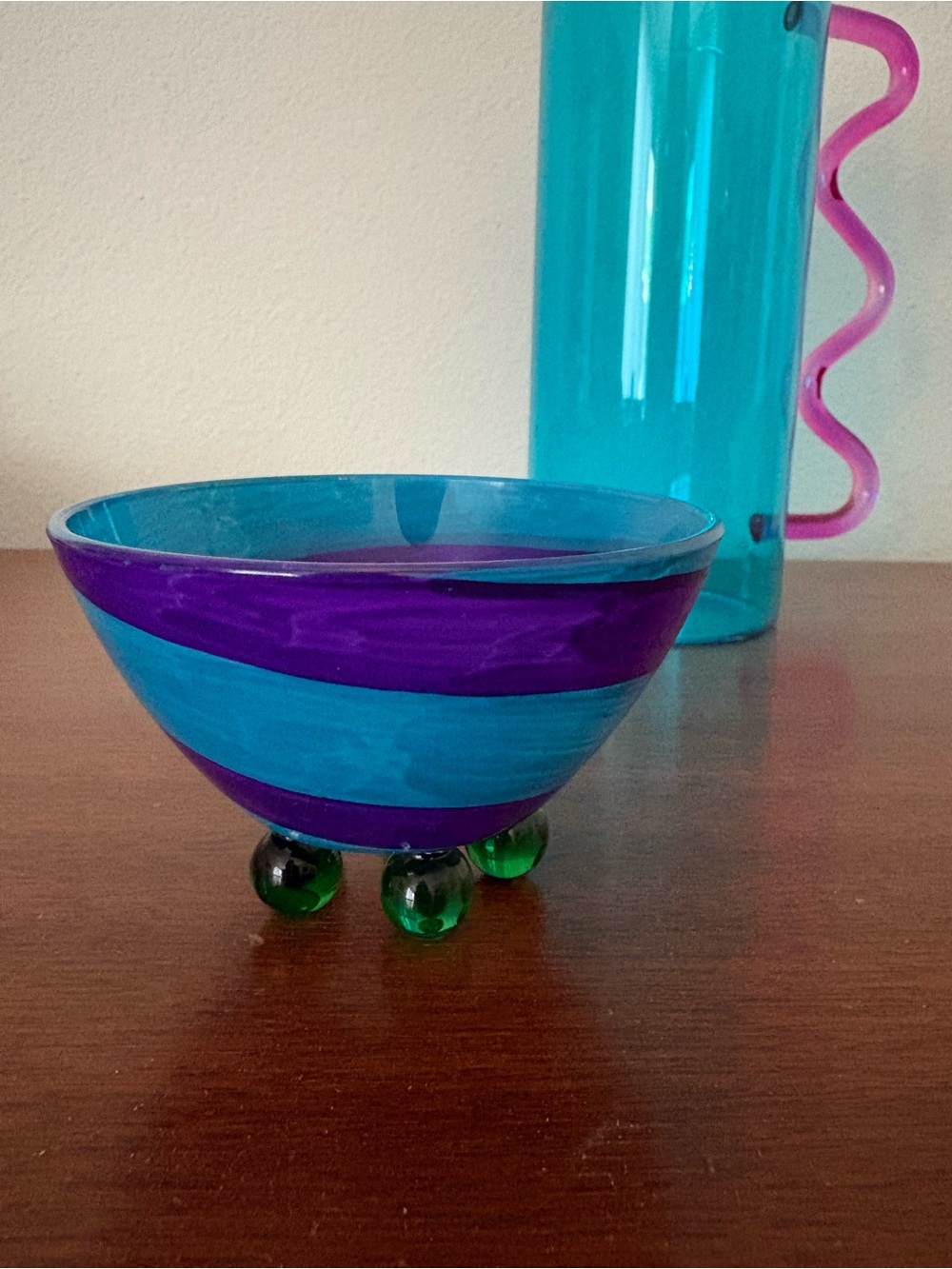 Modern Memphis Style Glass Pitcher & French Footed Colorful Bowl Set - Picture 6 of 10